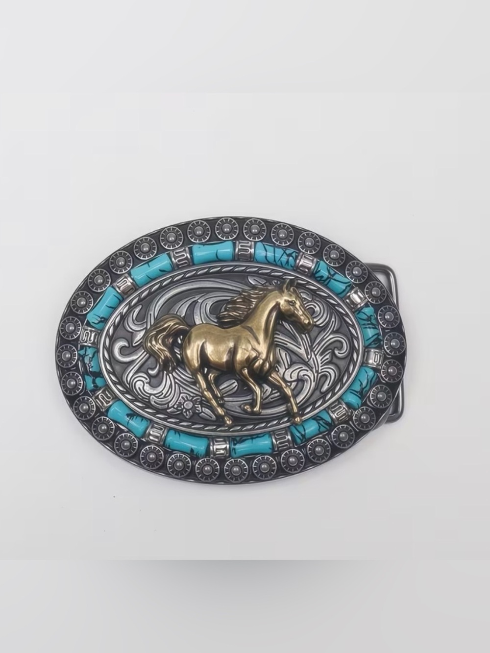 Western Belt Buckle Turquoise and Silver Horse Oval Belt Buckle